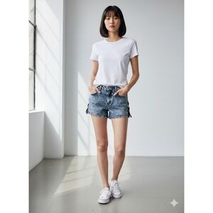 Forever 21 Premium Denim Blue Acid Wash Cutout Shorts Juniors Stretch Sz 27 Y2K